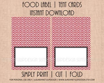 Printable Red Chevron Party Table Tent Cards, Printable Blank Red and White Buffet Cards, Printable Food Labels by SUNSHINETULIPDESIGN