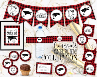 Printable Graduation Collection, Printable You Did It Graduation Decorations, Buffalo Plaid Graduation Party Package by SUNSHINETULIPDESIGN