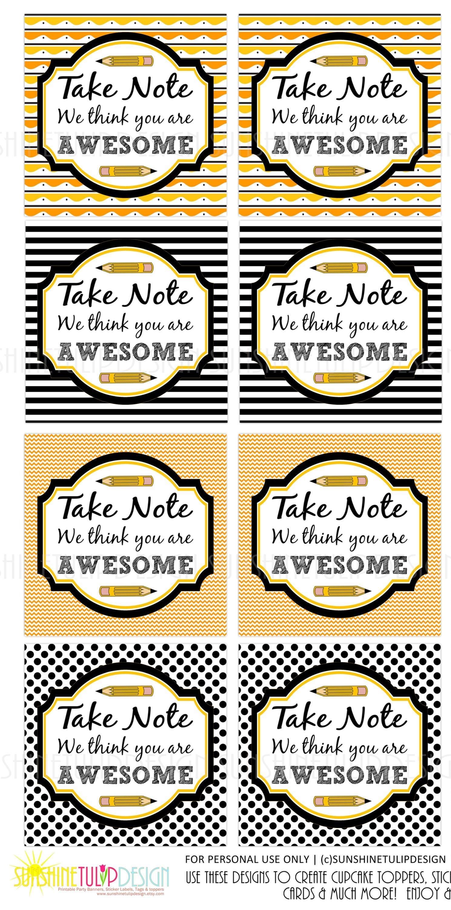 Teacher Appreciation Tag, Printable Take Note You Are Awesome Gift Tags ...