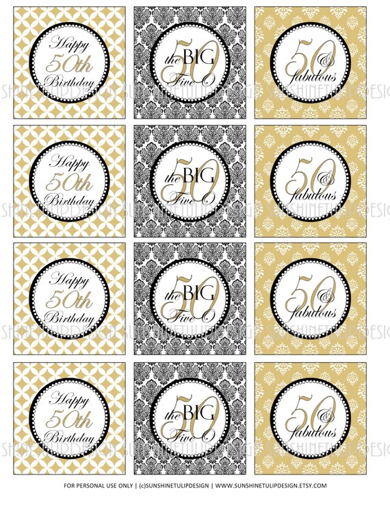 50th Birthday Gold and Black Damask Printable DIY Party Tags | Etsy