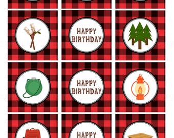 Printable Campout Birthday, Camping Birthday, Camp Birthday Cupcake Toppers and Gift Tags by SUNSHINETULIPDESIGN