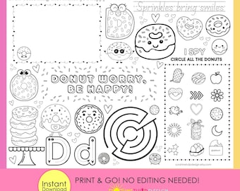 Breakfast Activity Placemat for Kids | Donut Worry Be Happy Printable | Classroom & Home Morning Activity | Print and Play Coloring Games