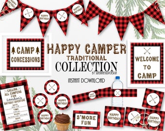 Utskrivbar Buffalo Check Campout Party-kollektion, Utskrivbara Buffalo Rutigt Födelsedagsdekorationer, Campingdekorationer för bakgården, Glad Campingfest