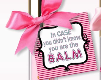 May include: A pink lip balm tube with a gold cap is adorned with a pink satin bow and a tag. The tag has a pink and white striped background and the text "In case you didn't know, you are the BALM."