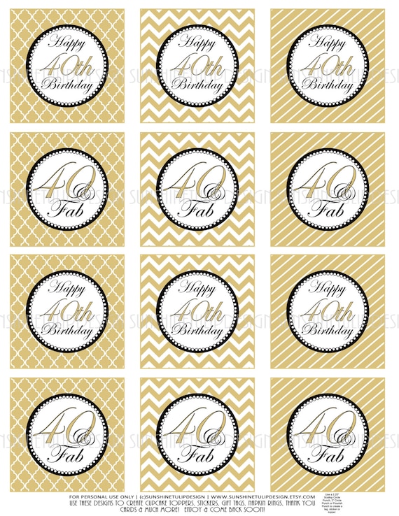 40th Birthday Cupcake Toppers, Printable Gold and Black 40th Birthday ...