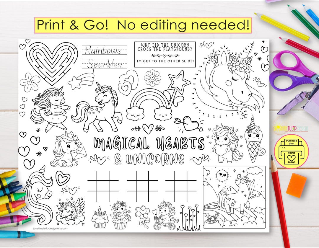 Unicorn Activity Placemat for Kids | Magical Hearts Coloring & Games ...