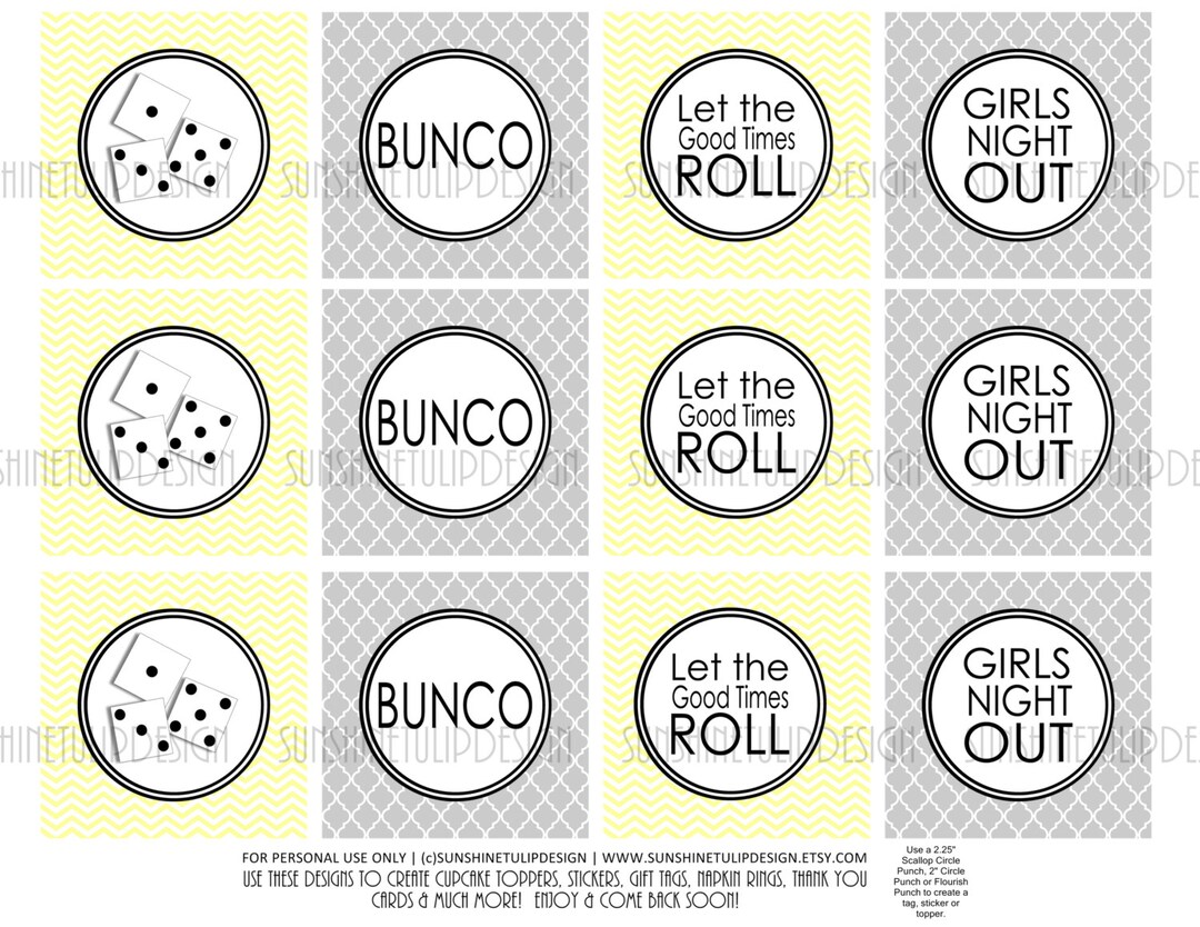 BUNCO Party Printable Yellow and Gray DIY Cupcake Toppers Sticker Labels and Gift Tags by