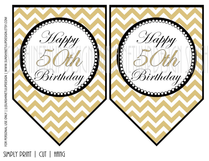 Printable 50th Birthday Banner, 50th Gold and Black Chevron Birthday Banner by SUNSHINETULIPDESIGN image 2