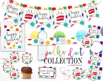 Printable Polka Dot Birthday Collection, Printable Rainbow Polka Dot Party Decorations, Polka Dot Party Package by SUNSHINETULIPDESIGN