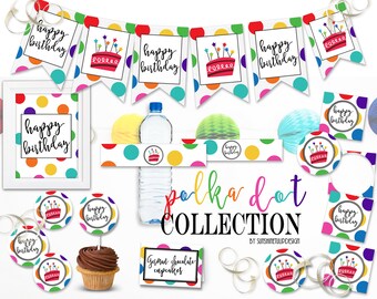 Printable Polka Dot Birthday Collection, Printable Rainbow Polka Dot Party Decorations, Polka Dot Party Package by SUNSHINETULIPDESIGN