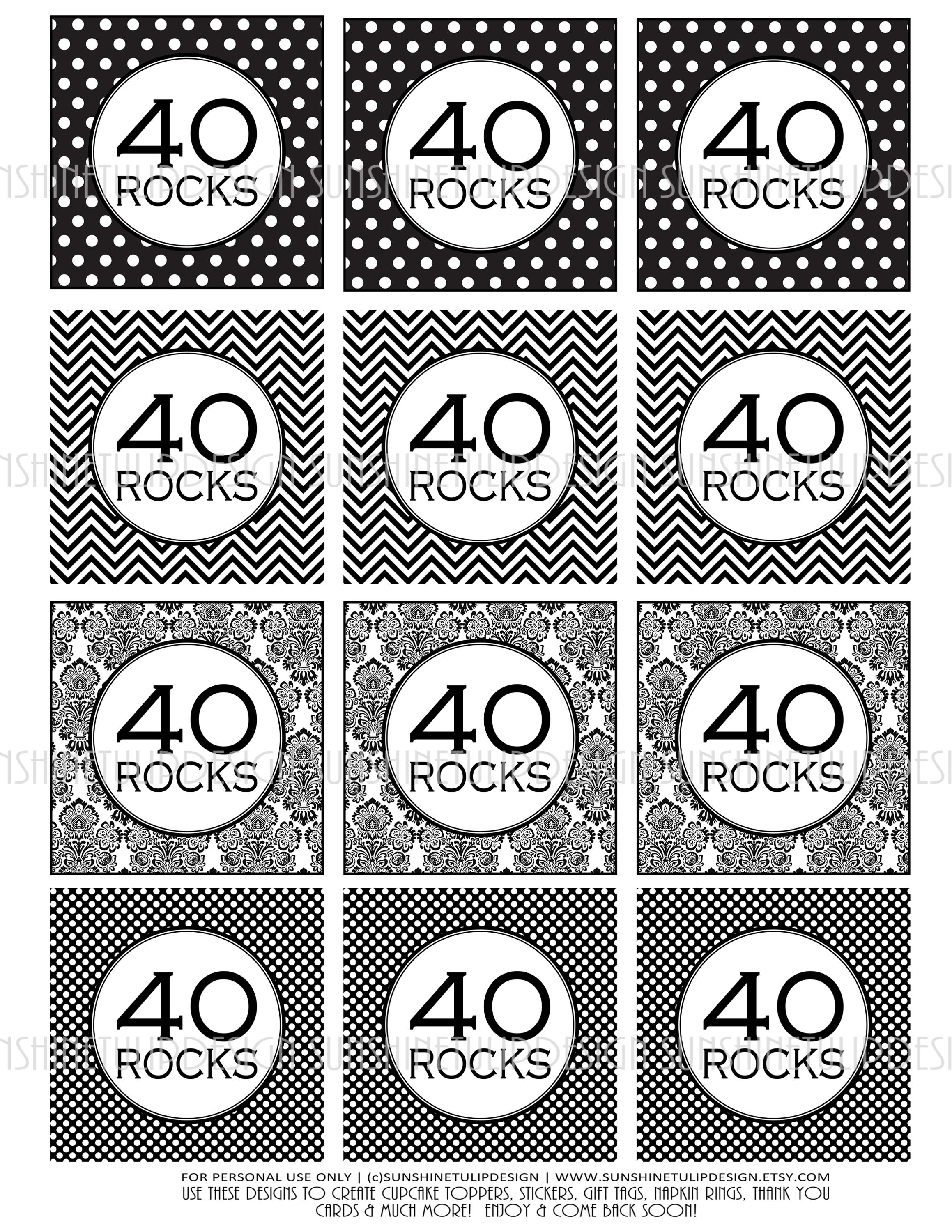 Printable 40th Birthday Gift Tags | 40 Rocks Cupcake Toppers | Black ...