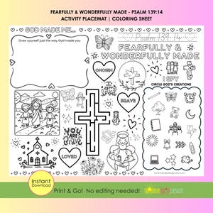 Fearfully and Wonderfully Made Activity Placemat | Psalm 139:14 Printable | Christian Coloring Activity Kids | Print and Go Faith Worksheet