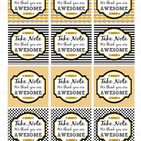 Teacher Appreciation Tags, Printable Take Note You are Awesome Gift Tags and Cupcake Topper by SUNSHINETULIPDESIGN