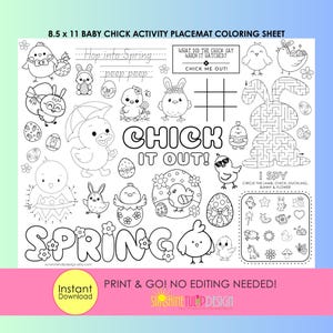 Könnte beinhalten: Schwarz-weiß Baby Küken Aktivität Platzdeckchen Malvorlage, 21,6 x 27,9 cm. Enthält den Text "Chick It Out!" und "Spring", zusammen mit verschiedenen Küken- und Hasenillustrationen, Labyrinthen und einem Suchspiel. Enthält den Text "Print & Go! No Editing Needed!"