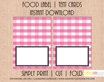 Printable Buffalo Plaid Check, Printable Plaid Pink and White Table Tent Cards Labels by SUNSHINETULIPDESIGN