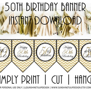 Printable 50th Birthday Banner, 50th Gold and Black Chevron Birthday Banner by SUNSHINETULIPDESIGN image 1