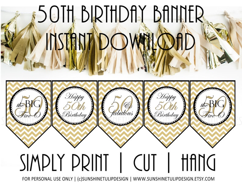 Printable 50th Birthday Banner, 50th Gold and Black Chevron Birthday Banner by SUNSHINETULIPDESIGN image 1