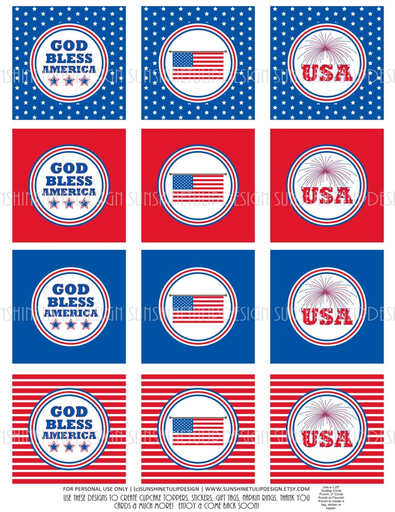 Memorial Day July 4th Patriotic Printable Cupcake Toppers Sticker Labels and Gift tags by SunshineTulipdesign image 2