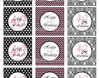 Printable 40th Birthday Cupcake Toppers,  Pink and Black Chevron Party Gift Tags, 40 and Fabulous Cupcake Toppers by SUNSHINETULIPDESIGN