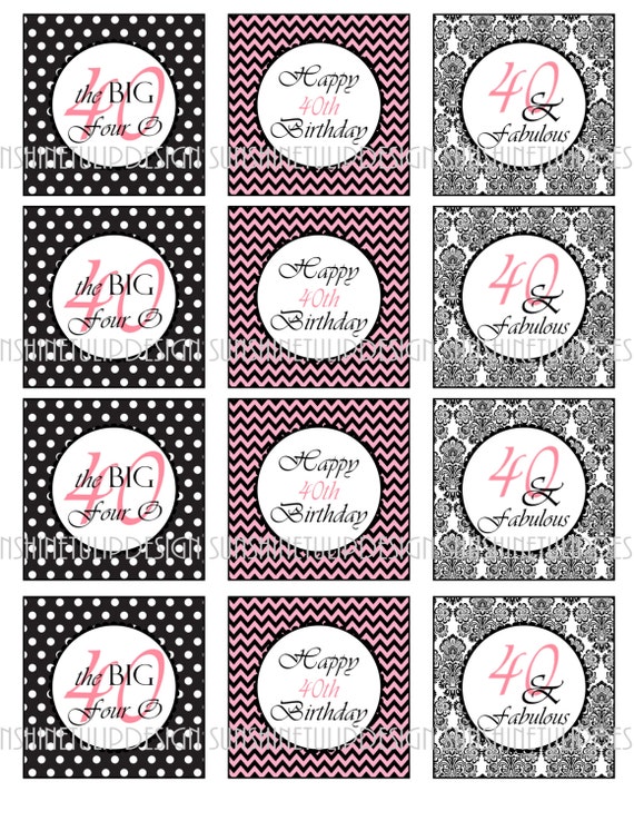 Printable 40th Birthday Cupcake Topeprs, Pink and Black Chevron Party Gift Tags, 40 and Fabulous Cupcake Toppers by SUNSHINETULIPDESIGN Il_570xn