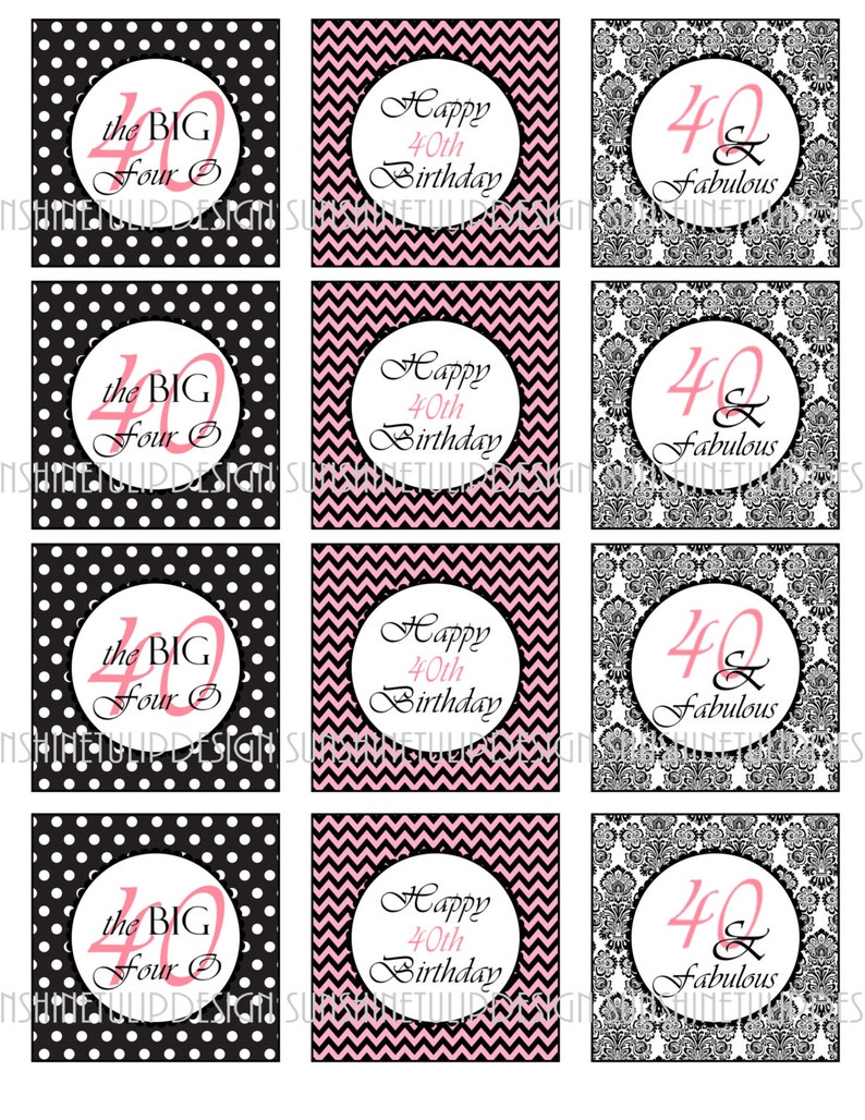 Printable 40th Birthday Cupcake Toppers, Pink and Black Chevron Party Gift Tags, 40 and Fabulous Cupcake Toppers by SUNSHINETULIPDESIGN image 1