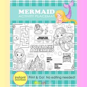 May include: A mermaid-themed activity placemat with a teal plaid border. The placemat features mermaid illustrations, a maze, and coloring prompts. Text includes "Color Like a Mermaid" and "Instant Download."