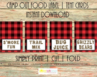 Camping Birthday Food labels, Printable Buffalo Plaid Food cards, Red and Black Table Tent Cards Labels by Sunshinetulipdesign