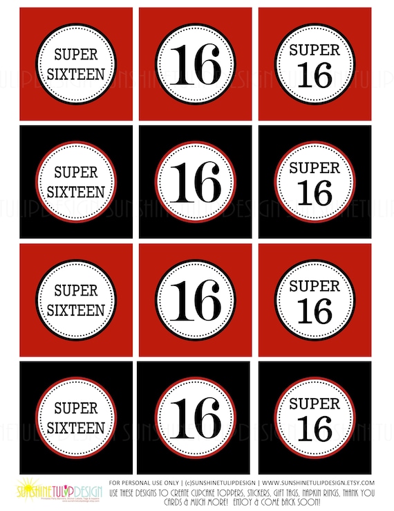 Printable Super 16 Birthday, Printable Red and Black Cupcake Toppers