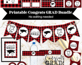 Graduación de secundaria imprimible, decoraciones de graduación "Lo lograste", paquete de fiesta de graduación con cuadros escoceses, decoración para fiesta de graduación universitaria