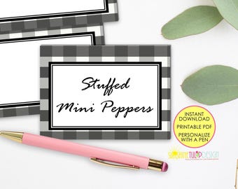 Printable Black and White Table Cards, Buffalo Plaid Tent Cards, Food Buffet Cards, Food Labels, Personalize with Pen, INSTANT DOWNLOAD