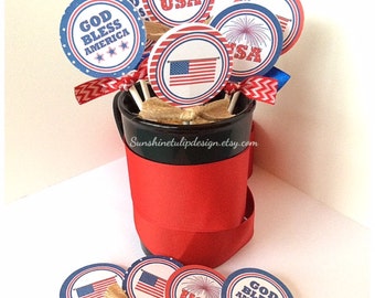 Memorial Day July 4th Patriotic Printable Cupcake Toppers Sticker Labels and Gift tags by SunshineTulipdesign