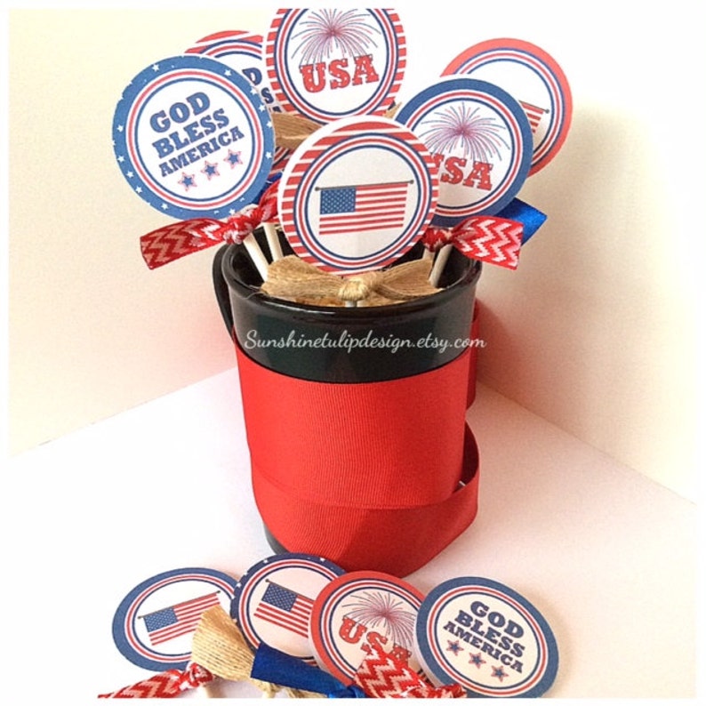 Memorial Day July 4th Patriotic Printable Cupcake Toppers Sticker Labels and Gift tags by SunshineTulipdesign image 1