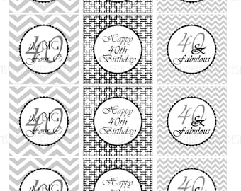 40th Birthday Black and Gray Silver Chevron Printable Cupcake Toppers Sticker Labels and Gift Tags by SUNSHINETULIPDESIGN