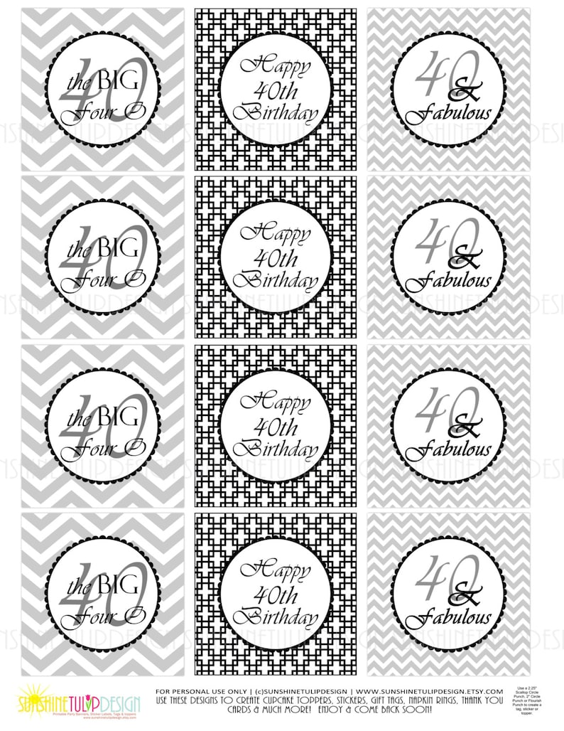 40th Birthday Black and Gray Silver Chevron Printable Cupcake Toppers Sticker Labels and Gift Tags by SUNSHINETULIPDESIGN
