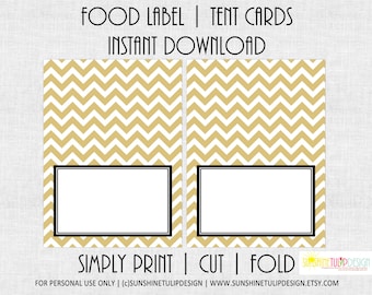 Printable Gold, White, and Black Chevron Party Table Tent Cards, Printable Gold Chevron Food Buffet Cards by SUNSHINETULIPDESIGN