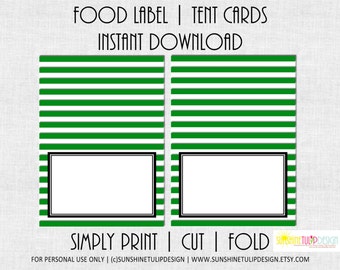 Stripe Printable Party Table Tent Cards, Green Stripe Printable Labels, Kelly Green and White Buffet Cards by SUNSHINETULIPDESIGN