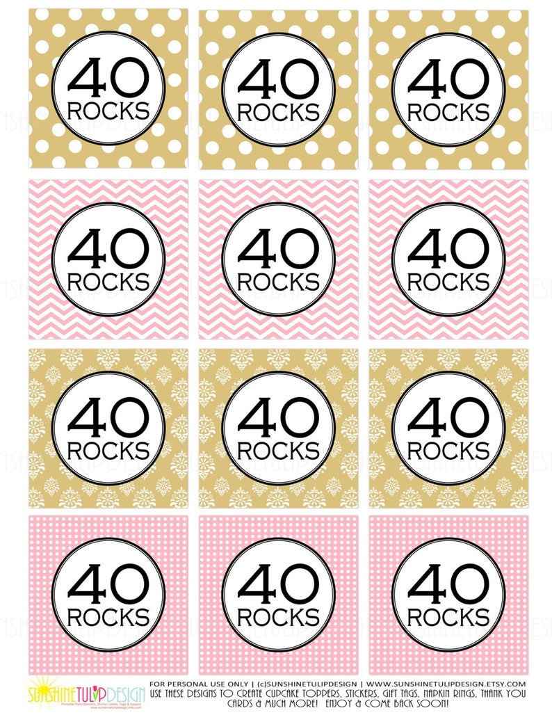 40th Birthday Cupcake toppers, Printable 40 Rocks Cupcake Toppers, Pink and Gold Gift tags by SUNSHINETULIPDESIGN image 2