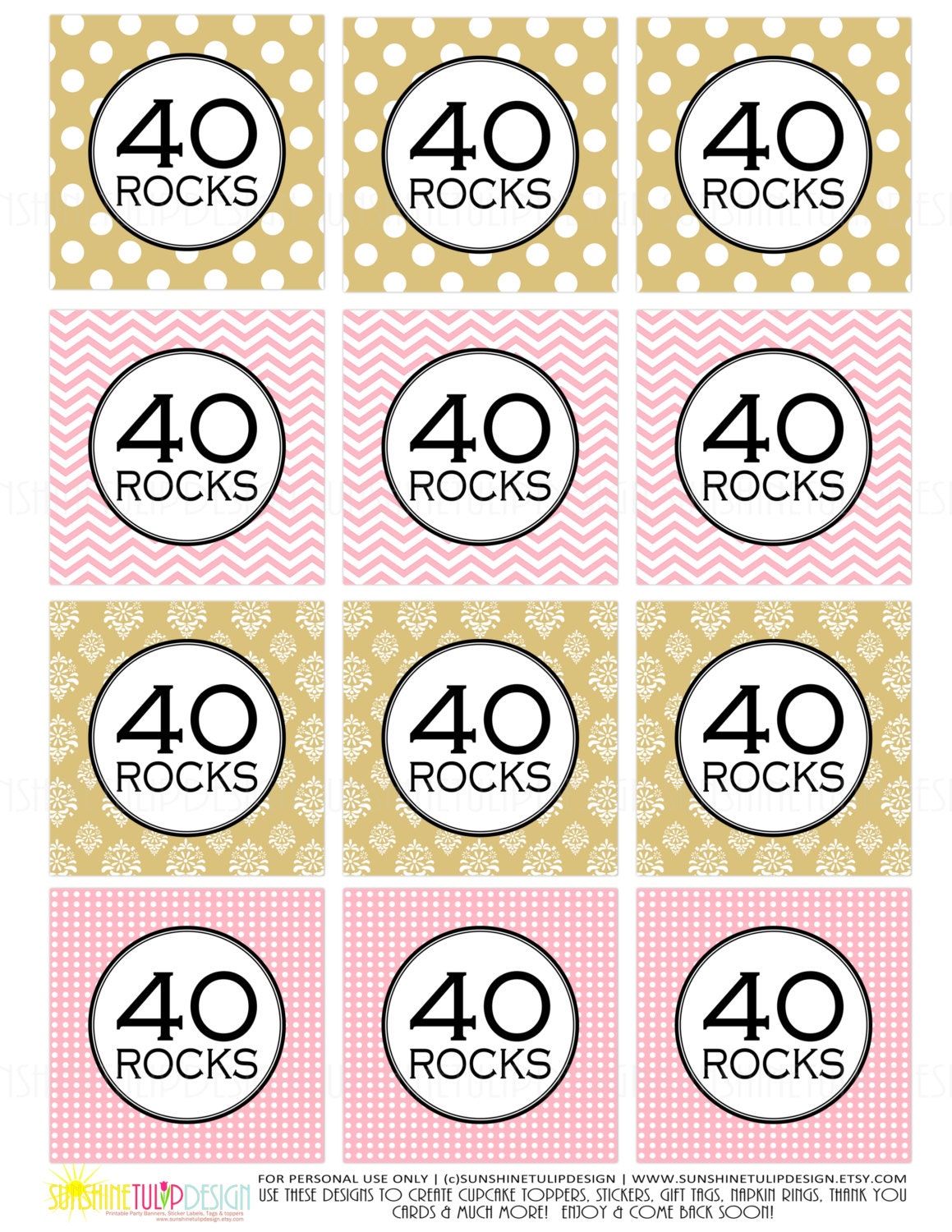 Printable 40 Rocks Cupcake Toppers, 40th Birthday Cupcake Topper, Pink ...