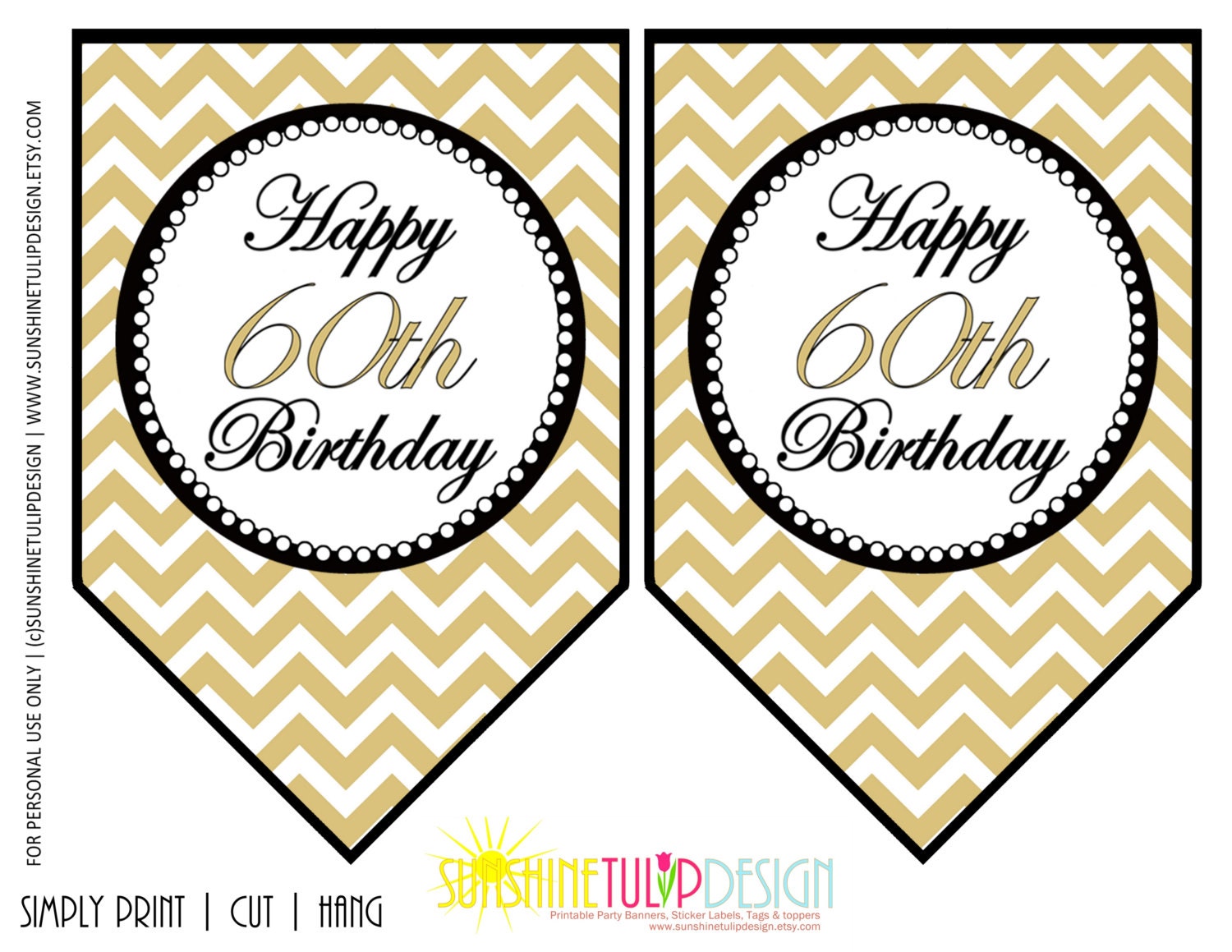 Printable 60th Birthday Banner 60th Gold and Black Chevron - Etsy España