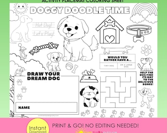 Printable Activity Placemat | Dog Coloring Sheet | Dog theme Kid Activity sheet | Dinner Table Activity Placemat | INSTANT DOWNLOAD | Travel