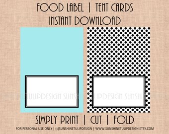 Printable Blank Table Tent Cards, Printable Food Buffet Labels, Printable Turquoise and Black Food Tent Cards by SUNSHINETULIPDESIGN