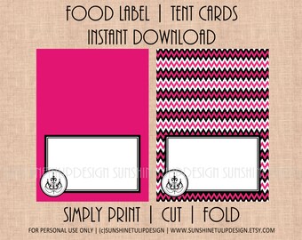 Printable Chandelier Food Table Tent Cards, Printable Food Buffet Labels, Hot Pink and Chevron Table Tent Cards by SUNSHINETULIPDESIGN