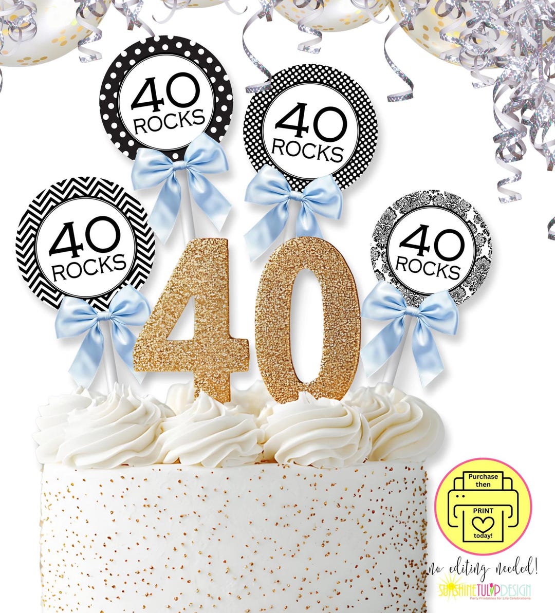 Printable 40th Birthday Gift Tags | 40 Rocks Cupcake Toppers | Black ...
