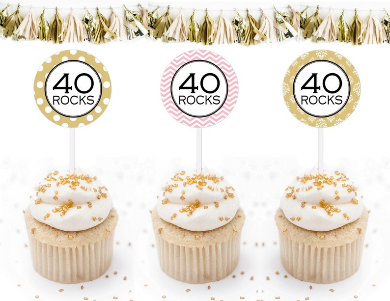 40th Birthday Cupcake toppers, Printable 40 Rocks Cupcake Toppers, Pink and Gold Gift tags by SUNSHINETULIPDESIGN image 1