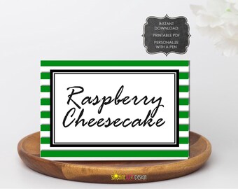 Blank Printable Party Table Tent Cards | Green Stripe Blank Folded Place Cards, Personalize with a Pen Buffet Cards | Blank Food Cards