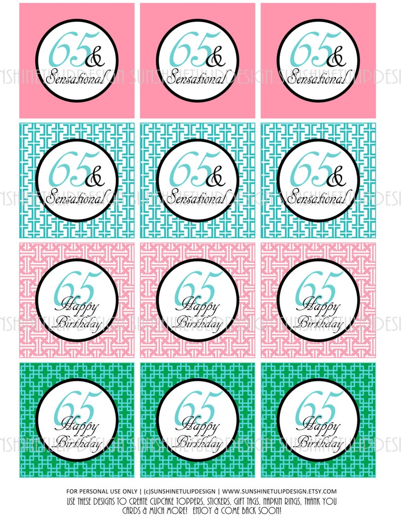 65th Birthday Printable DIY Party Tags and Cupcake Toppers by SUNSHINETULIPDESIGN image 1