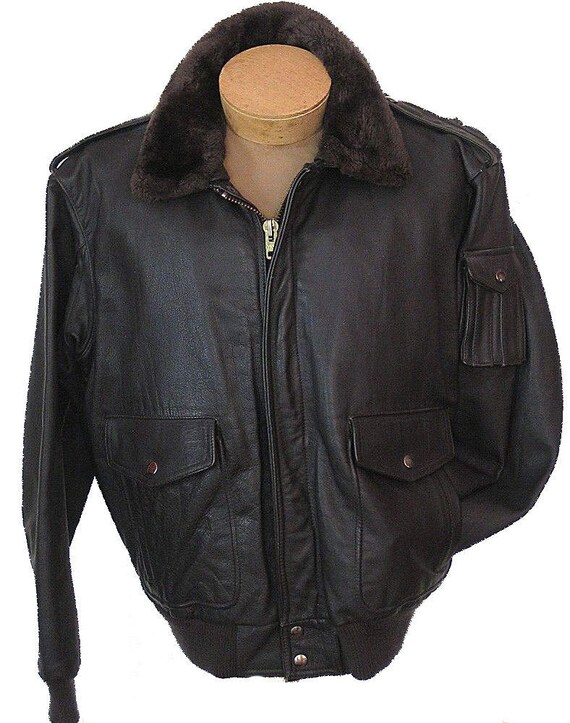 Vtg Flying Ace Leather Flight Jacket Removable Col