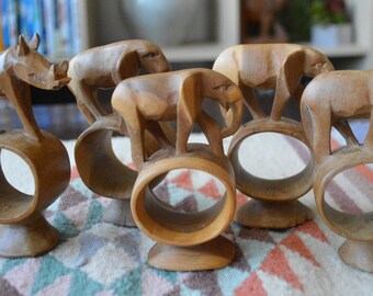 Vintage Teak Carved Elephant Napkin Rings • Set of 6