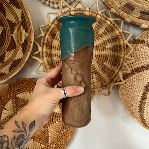 Vintage Studio Pottery Vase • Neutral/Teal Stoneware Decor