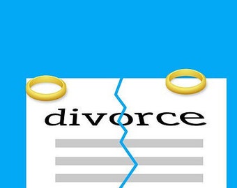 May include: An illustration depicting a divorce concept. Two gold wedding rings are positioned on either side of a document torn in half. The word "divorce" is printed on the document, with a blue background.